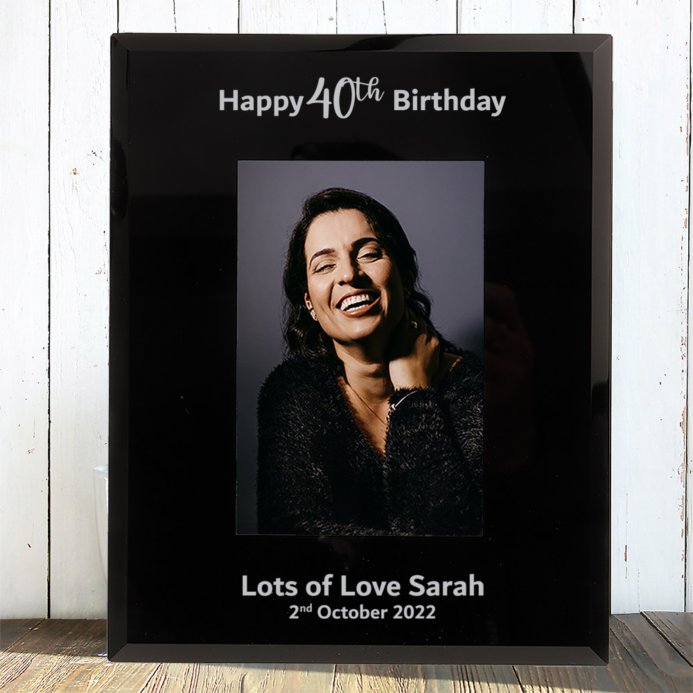 Personalised 40th Birthday Gift Happy 40th Birthday photo frame 6x4'' or 7x5'' Black Glass